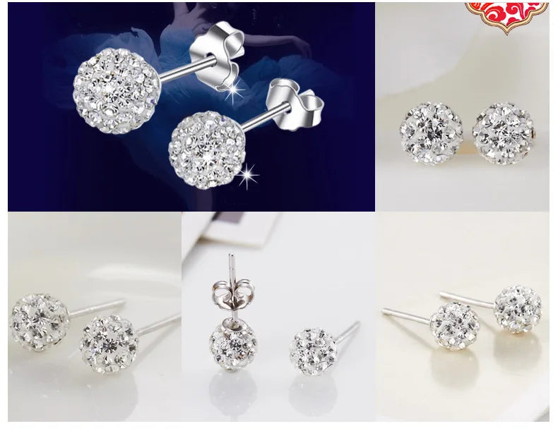 Simple 925 Sterling Silver Earrings Full Crystal Ball Stud Earrings Gift For Women brincos S-E35