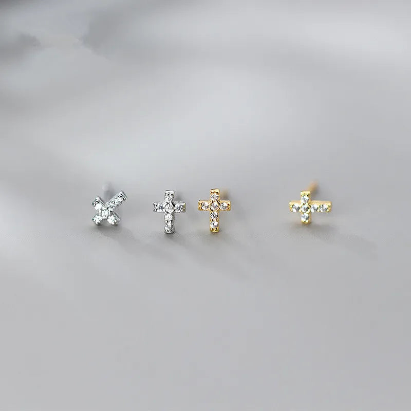 WOOZU Real 925 Sterling Silver Mini Simple Cross Zircon Stud Earrings For Women Party Korean Teen Punk Jewelry Gift Accessories