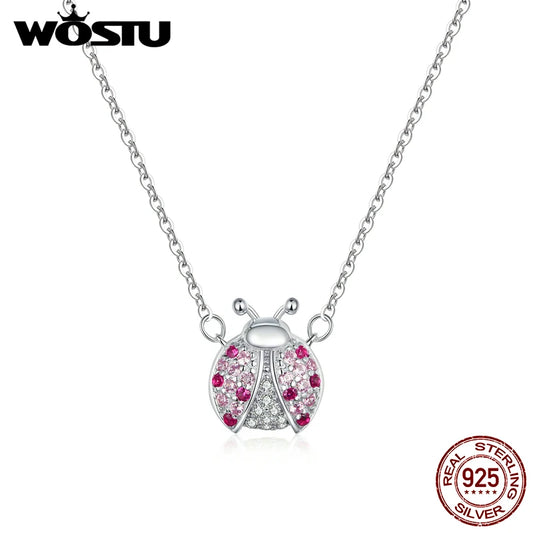 Hot Sale Ladybug Necklace WOSTU High Quality 100% 925 Sterling Silver Pink Cubic Zirconia Women Necklace Silver Jewelry CQN400