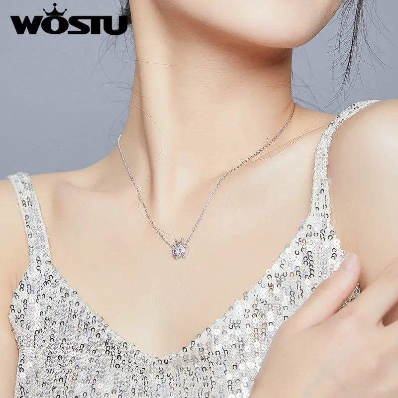 Hot Sale Ladybug Necklace WOSTU High Quality 100% 925 Sterling Silver Pink Cubic Zirconia Women Necklace Silver Jewelry CQN400