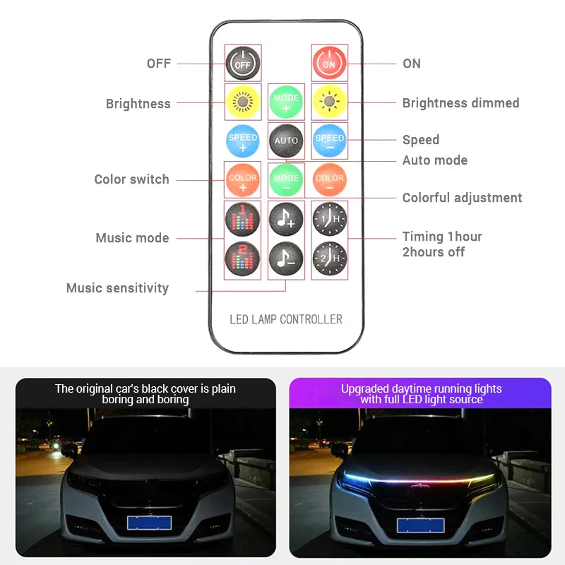 BLALION Car Hood LED Daytime Running Light Scan Starting Waterproof Flexible Auto Engine Hood Guide Decorative Ambient Lamp 12V