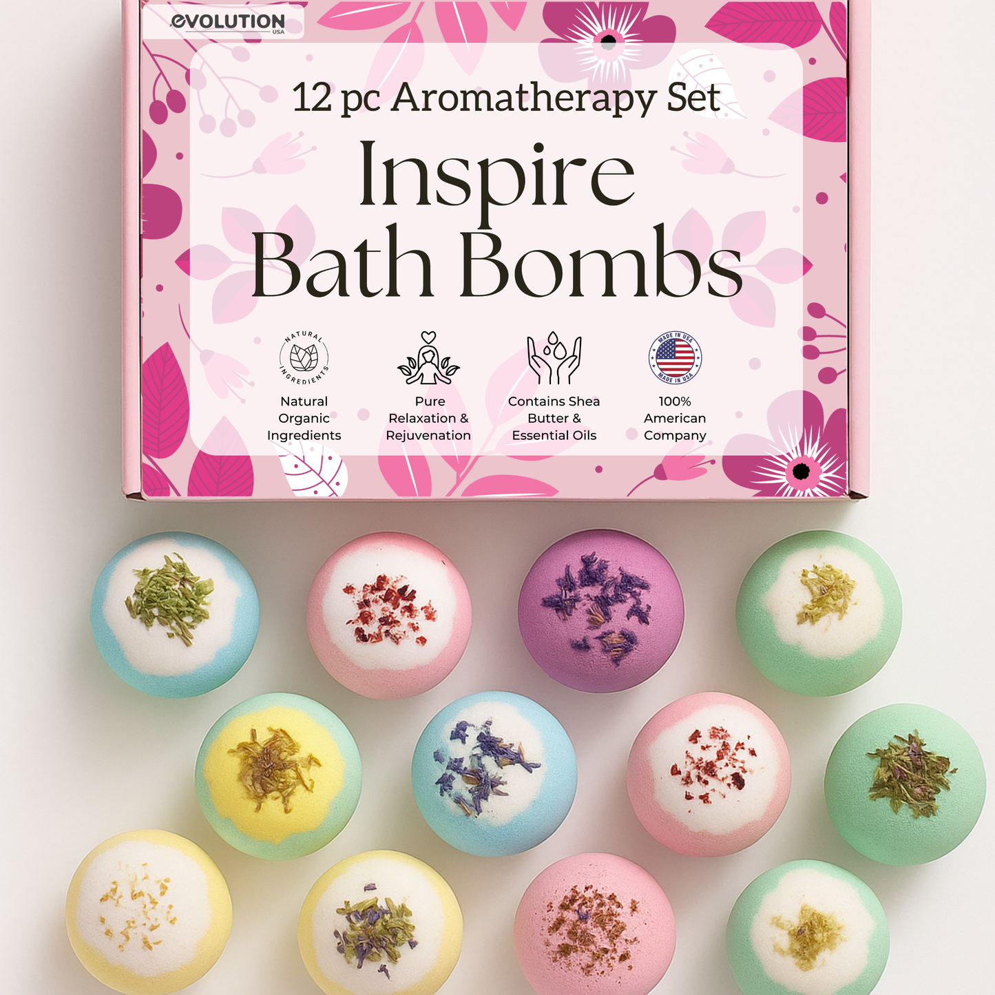 EvolutionUSA 12pc Inspire Bath Bombs for Women, 12 Gorgerous Flower Bath Bombs Topped with Dried Flowers, Luxurious Mother's Day Gift Set, Brithday Gift, Easter Gift or for Creating Lush Self Care Moment