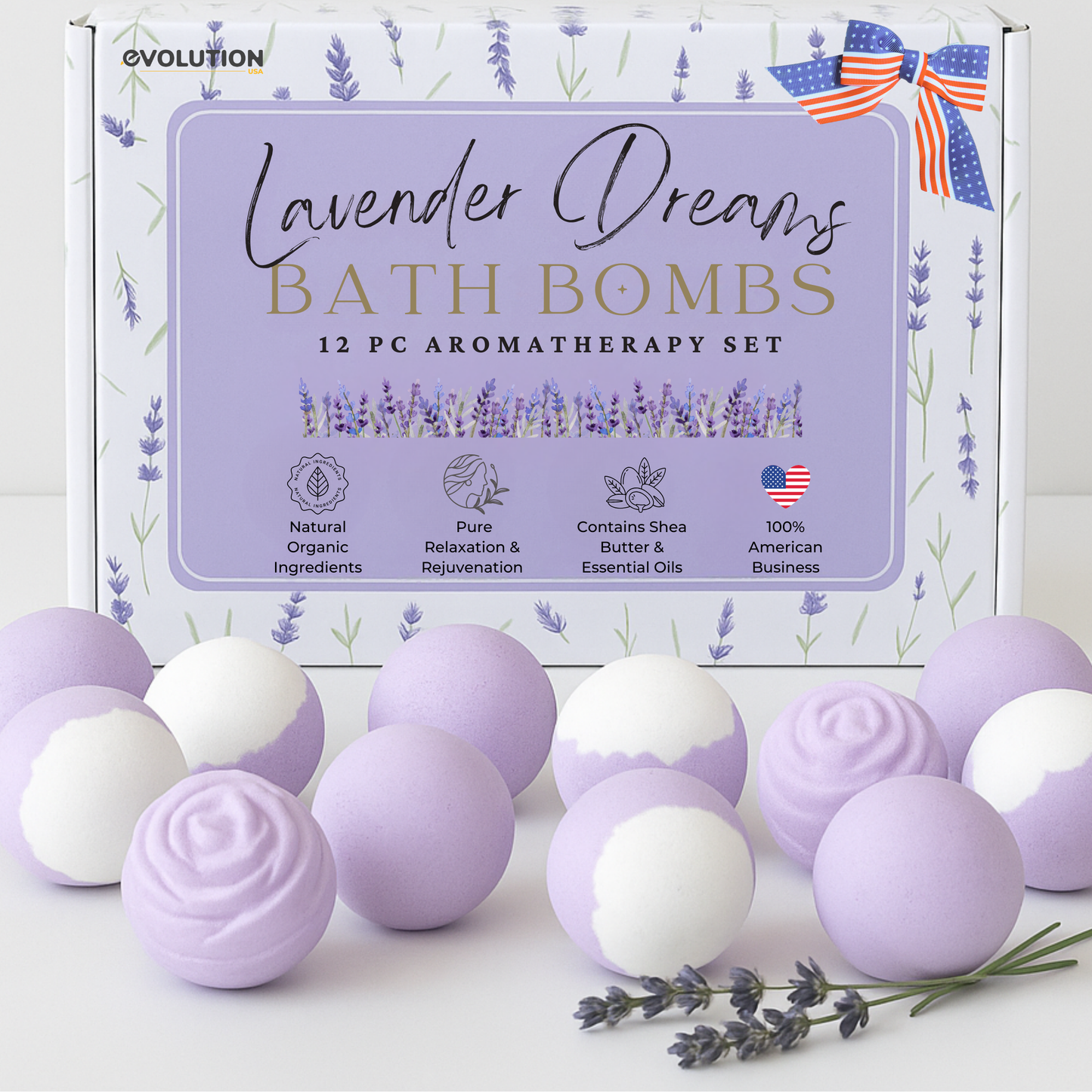 EvolutionUSA Lavender Dreams Bath Bombs for Women, 12 Sparkly Flower Shaped Lavender Bath Bombs, Lush Gift for Mother's Day, Easter, Birthday or Self Care, Aromatherapy Bathbombs, Organic Bath Balls
