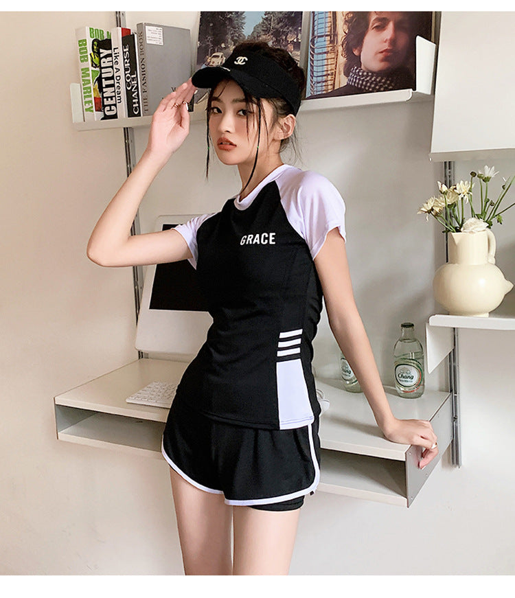 Sports Style Swimsuit for Female Students, Conservative Belly-Covering, Slimming Split, Flesh-Covering, High-Waisted Boxer Briefs, Hot Spring Swimsuit for Older Children