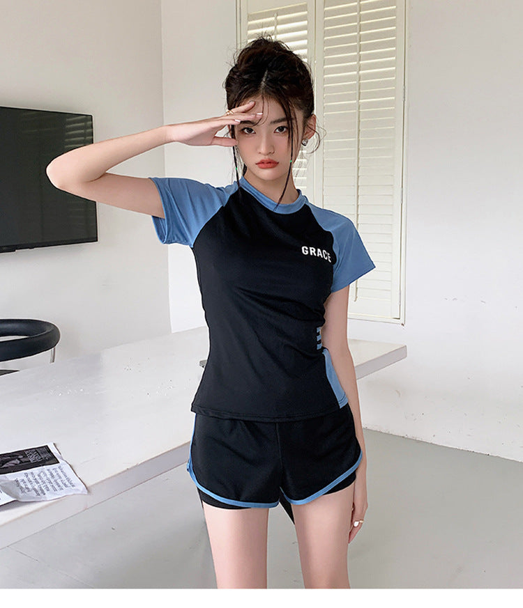 Sports Style Swimsuit for Female Students, Conservative Belly-Covering, Slimming Split, Flesh-Covering, High-Waisted Boxer Briefs, Hot Spring Swimsuit for Older Children
