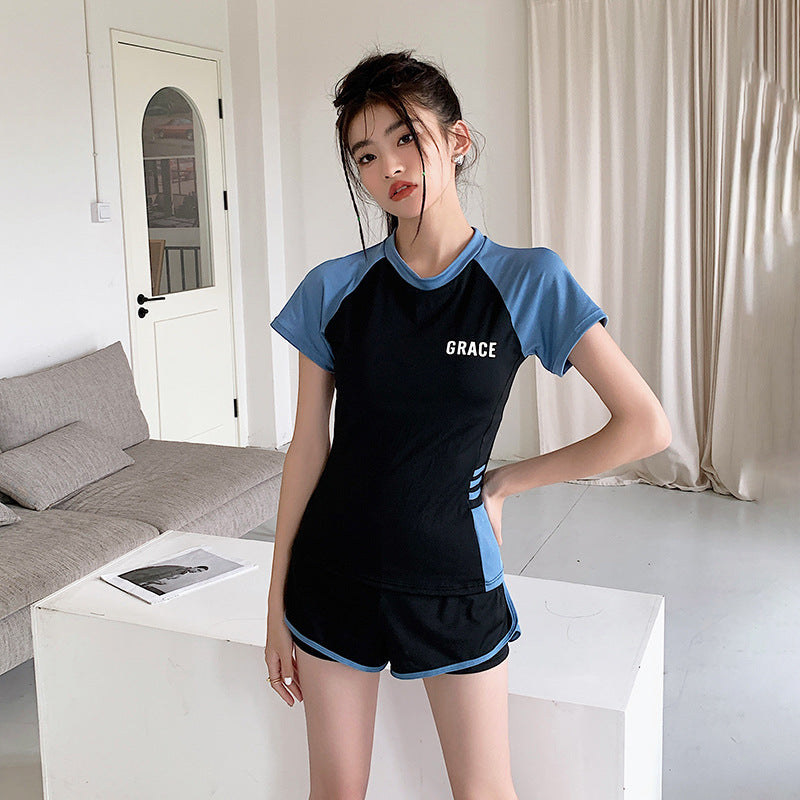 Sports Style Swimsuit for Female Students, Conservative Belly-Covering, Slimming Split, Flesh-Covering, High-Waisted Boxer Briefs, Hot Spring Swimsuit for Older Children