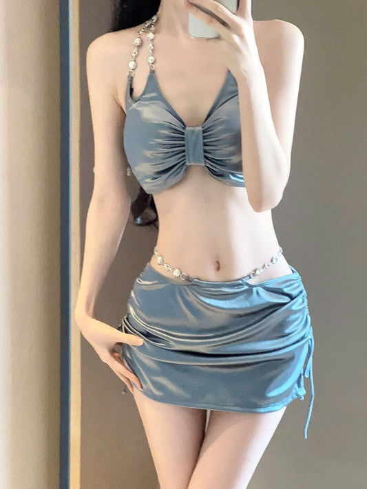 2025 New Swimsuit Women's Silver High-End Sexy Separates Three-Piece Set Hot Spring Vacation Fashion Bikini Hot Girl Outfit