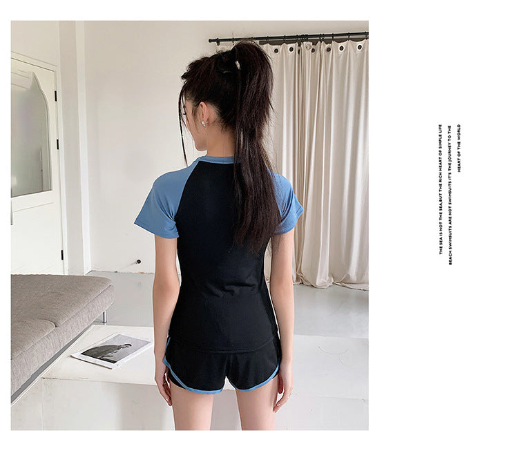 Sports Style Swimsuit for Female Students, Conservative Belly-Covering, Slimming Split, Flesh-Covering, High-Waisted Boxer Briefs, Hot Spring Swimsuit for Older Children