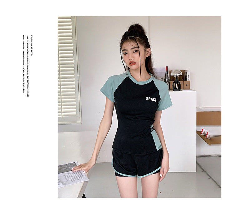 Sports Style Swimsuit for Female Students, Conservative Belly-Covering, Slimming Split, Flesh-Covering, High-Waisted Boxer Briefs, Hot Spring Swimsuit for Older Children