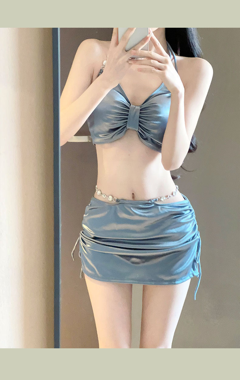 2025 New Swimsuit Women's Silver High-End Sexy Separates Three-Piece Set Hot Spring Vacation Fashion Bikini Hot Girl Outfit