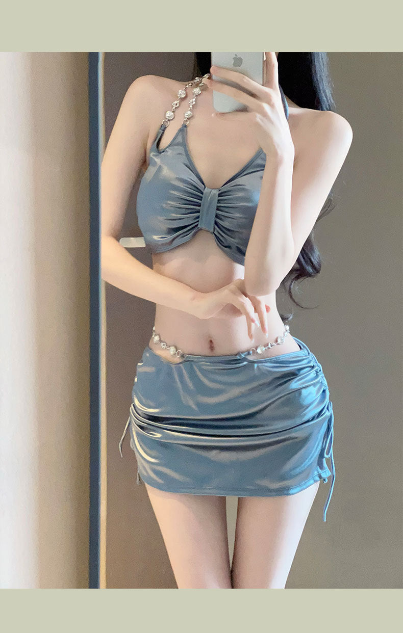 2025 New Swimsuit Women's Silver High-End Sexy Separates Three-Piece Set Hot Spring Vacation Fashion Bikini Hot Girl Outfit