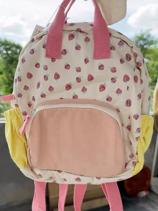 Backpack Strawberry Print Canvas Campus Contrast Color Cartoon