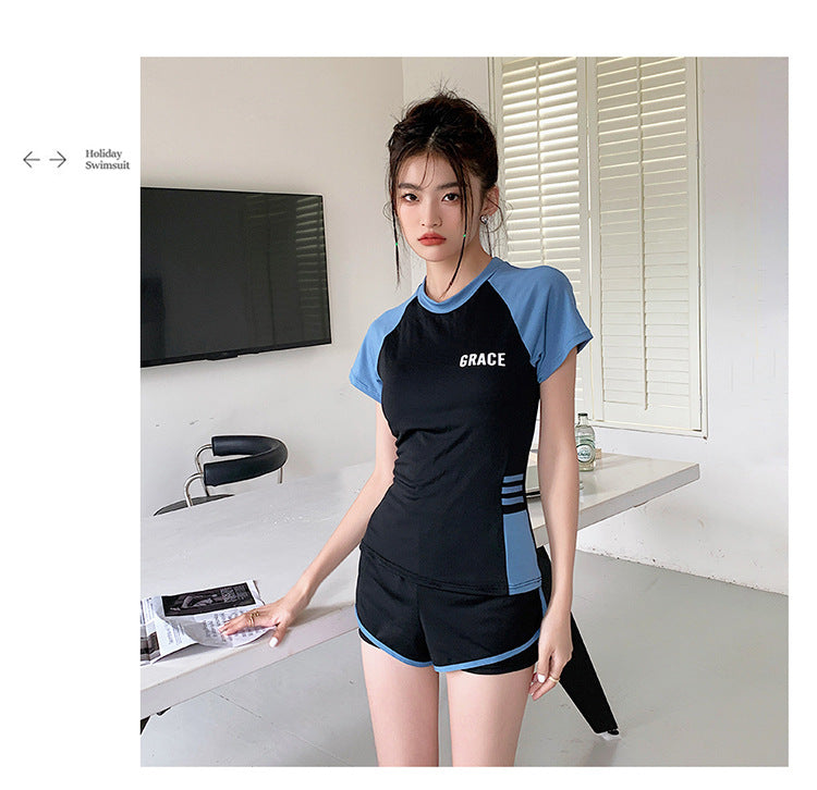 Sports Style Swimsuit for Female Students, Conservative Belly-Covering, Slimming Split, Flesh-Covering, High-Waisted Boxer Briefs, Hot Spring Swimsuit for Older Children