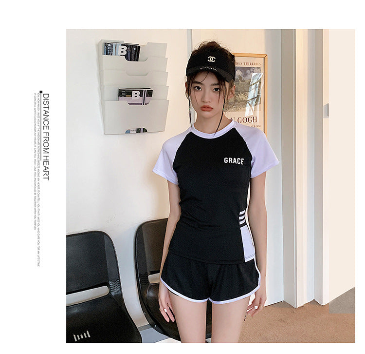 Sports Style Swimsuit for Female Students, Conservative Belly-Covering, Slimming Split, Flesh-Covering, High-Waisted Boxer Briefs, Hot Spring Swimsuit for Older Children