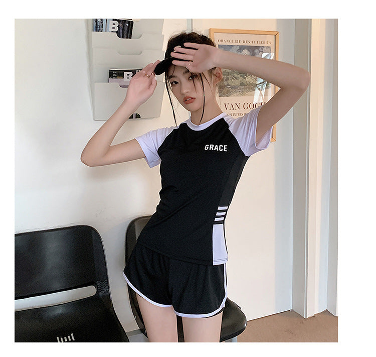 Sports Style Swimsuit for Female Students, Conservative Belly-Covering, Slimming Split, Flesh-Covering, High-Waisted Boxer Briefs, Hot Spring Swimsuit for Older Children
