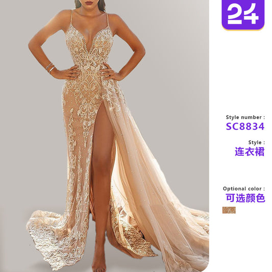 2025 Cross-Border Summer European and American Amazon Outer Women's Dress Ebay Suspender Sleeveless Mesh Cut Out Long Skirt