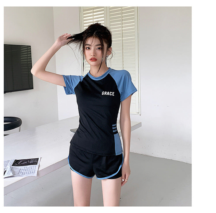 Sports Style Swimsuit for Female Students, Conservative Belly-Covering, Slimming Split, Flesh-Covering, High-Waisted Boxer Briefs, Hot Spring Swimsuit for Older Children