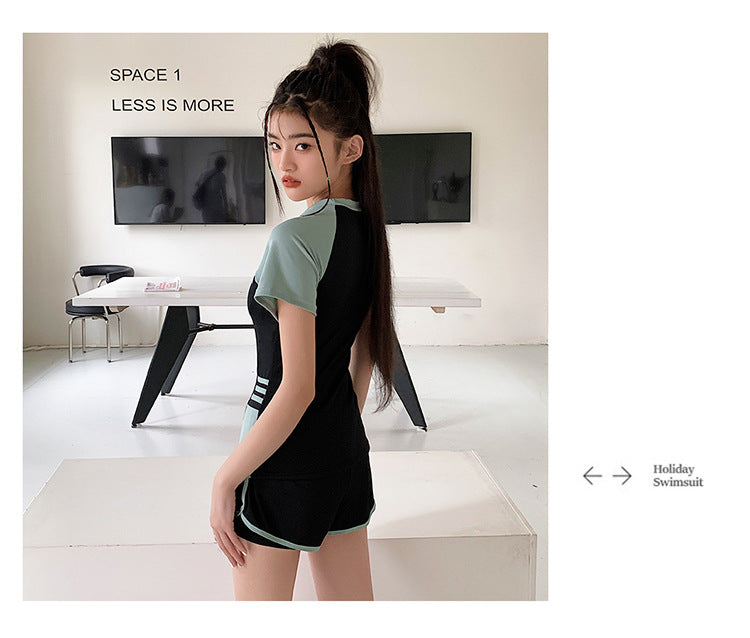 Sports Style Swimsuit for Female Students, Conservative Belly-Covering, Slimming Split, Flesh-Covering, High-Waisted Boxer Briefs, Hot Spring Swimsuit for Older Children