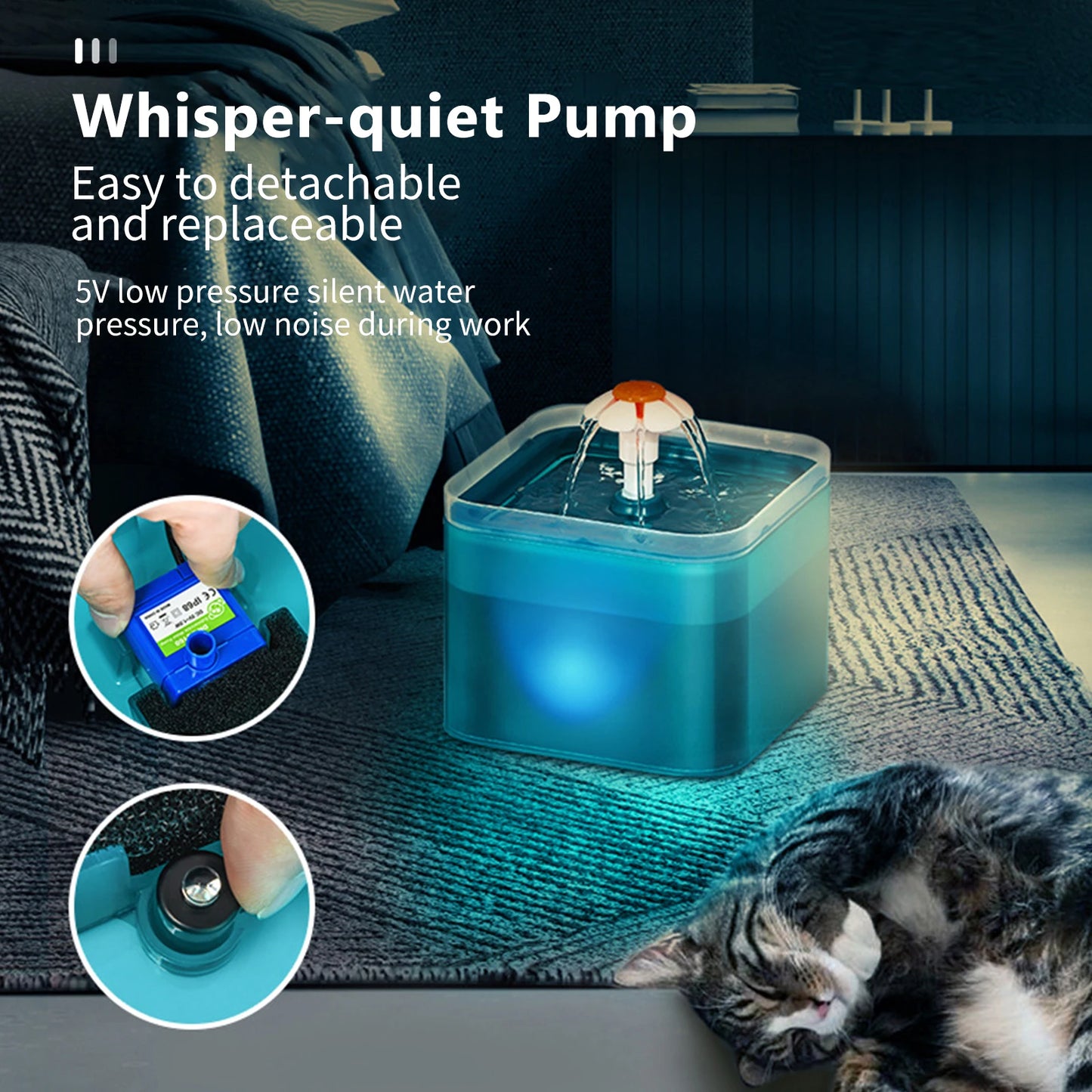 2L Cat Water Fountain 3 Water Modes Pet Fountain with LED Night Quiet Pump with 2 Cotton Filter for Cats and small Dogs