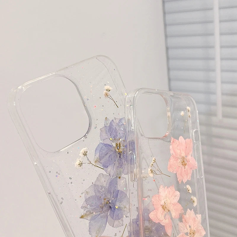 Korea Glitter Dried Floral Phone Case For iphone 15 14 13 12 11 Pro Max X XS XR 7 8 Mini Plus Cute Girl Epoxy Clear Soft Cover