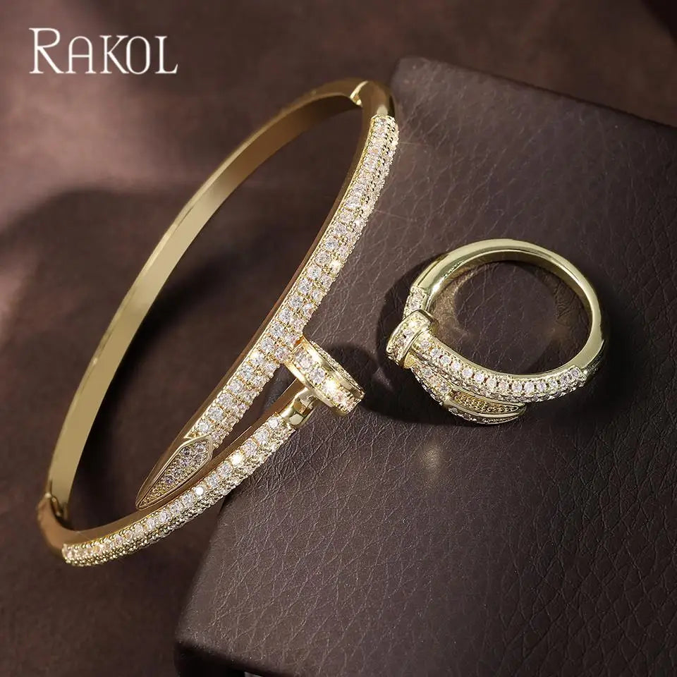 RAKOL Gold Color Adjustable Nail Open Bangle Ring Sets For Women Luxury Copper Inlaid Zircon Fashion Party Jewelry Gift