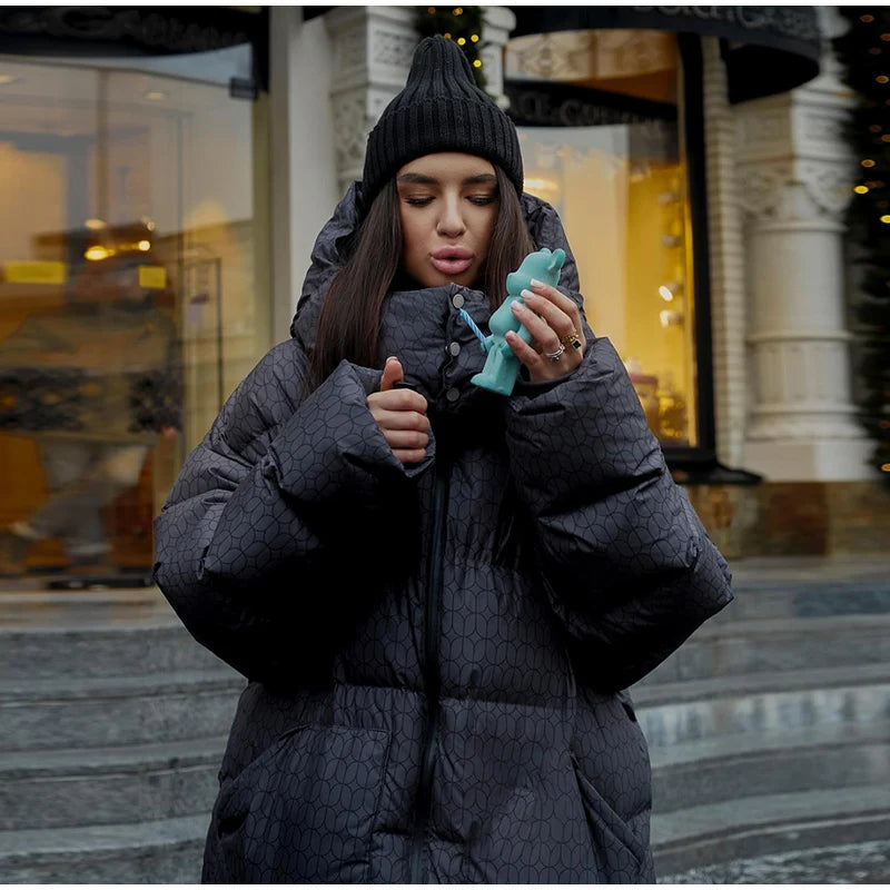 Print Puffy Women Winter Coats Casual Hooded Zipper Pocket Parkas Padded Jackets Vintage Lightweight Lady New In Outerwear