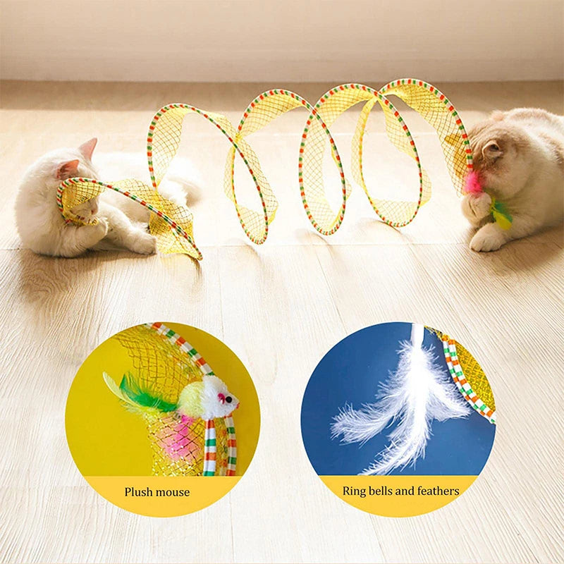 Folding Cat Tunnel S Shape Spring Type Cat Tunnel Toy With Plush Mouse And Feathers Spiral Tunnel Interactive Cat Toy