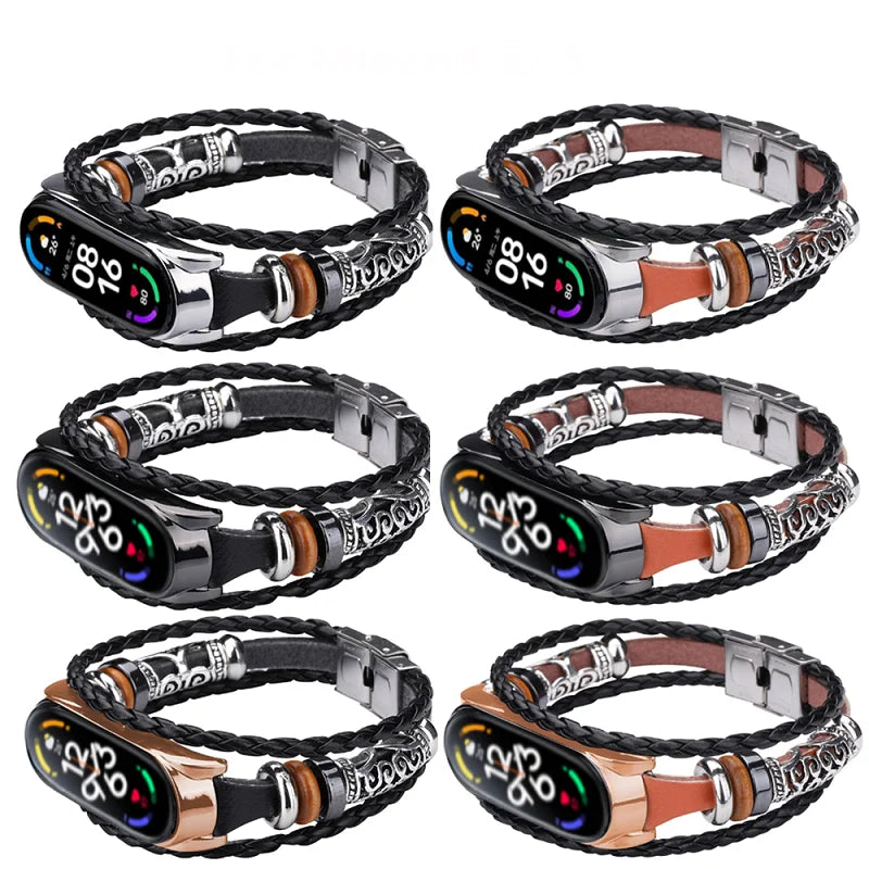 Retro DIY Wrist Strap For Xiaomi Mi Band 7 6 5 Leather Wristband Bracelet