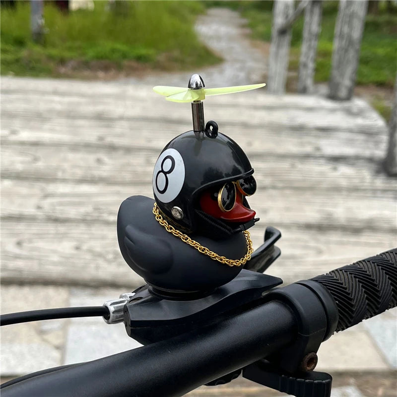 Duck Car Ornaments, Black Duck Car Dashboard Decorations Squeeze Duck Bicycle Horns with Propeller Helmet for Sport Outdoor