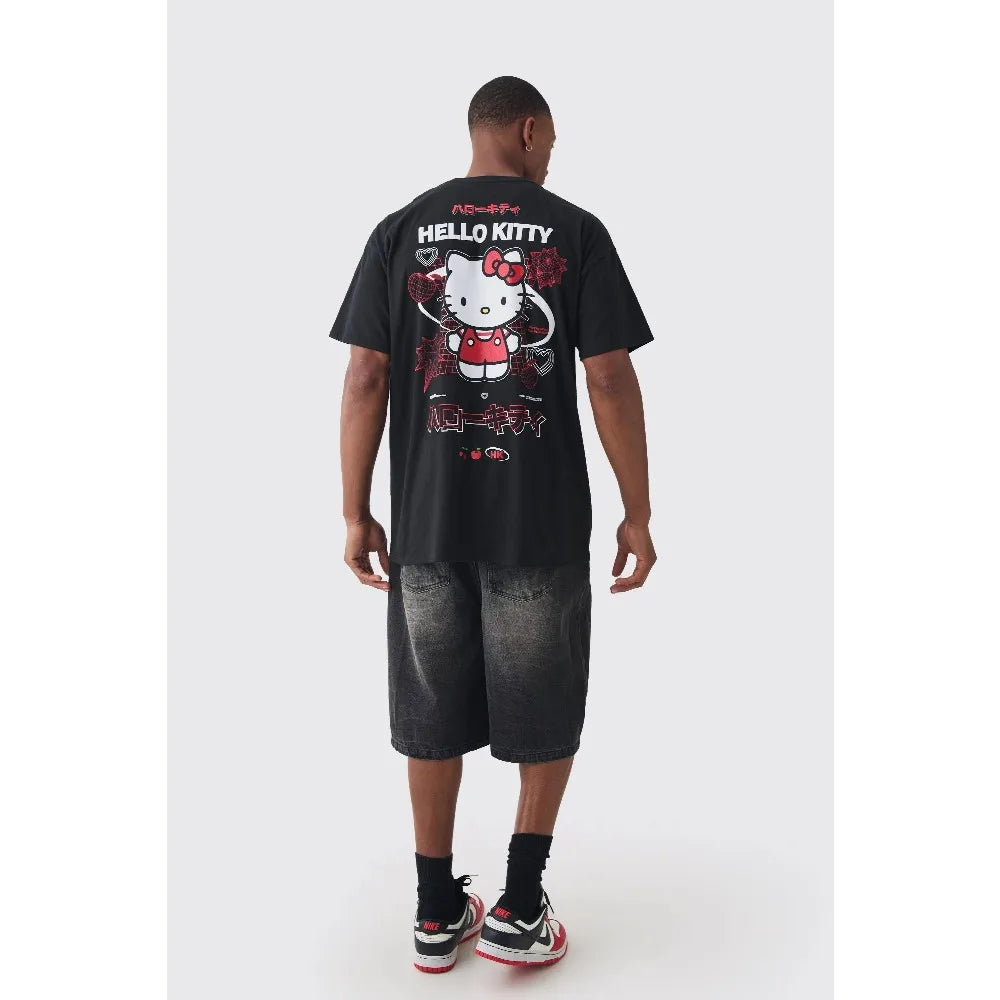 MINISO Hello Kitty Print T-shirt Men Women Street Hip Hop Cotton Short Sleeves Street Loose Couple Over-sized Soft Clothing Tee