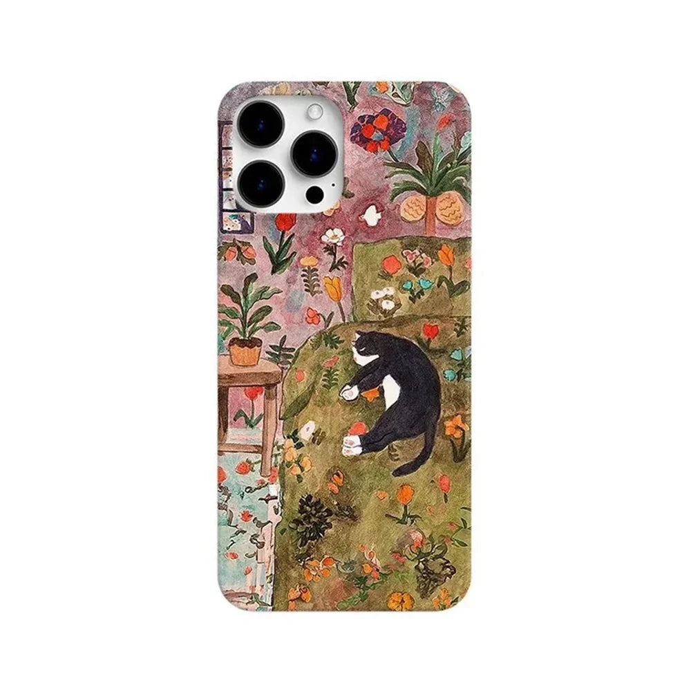 Ins style oil painting flowers cat Phone Case for iPhone 16 15 14 13 12 11 Pro Max XS XR XSMax 7 8 Plus Glossy HD Hard PC Cover