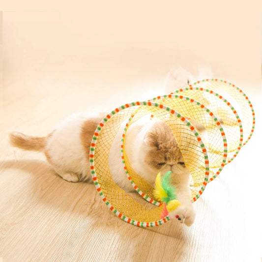 Folding Cat Tunnel S Shape Spring Type Cat Tunnel Toy With Plush Mouse And Feathers Spiral Tunnel Interactive Cat Toy