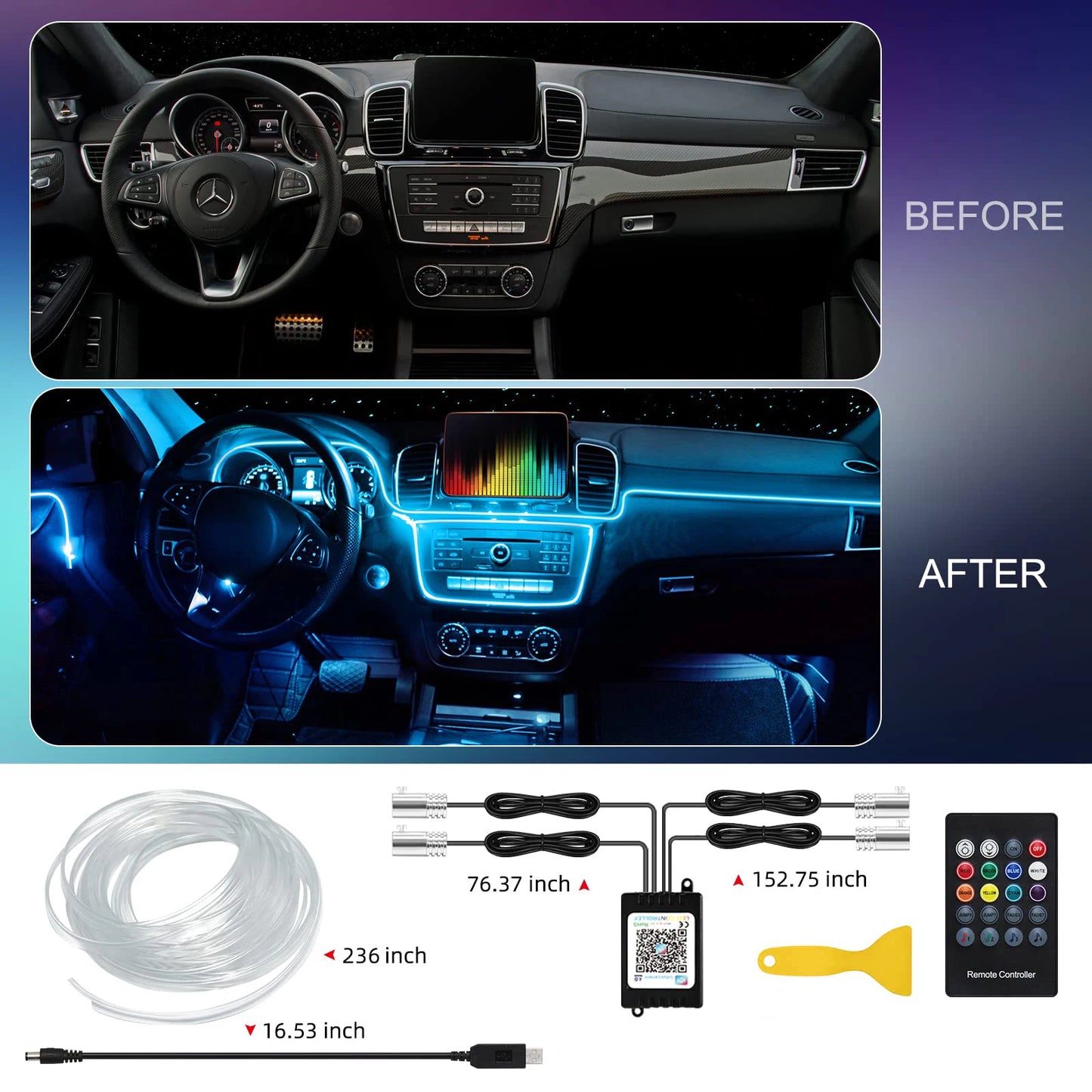 RGB Led Car Interior Atmosphere Ambient Lights 6/8m Neon Fiber Optic Light Strips USB APP Music Control Auto LED Decorative Lamp