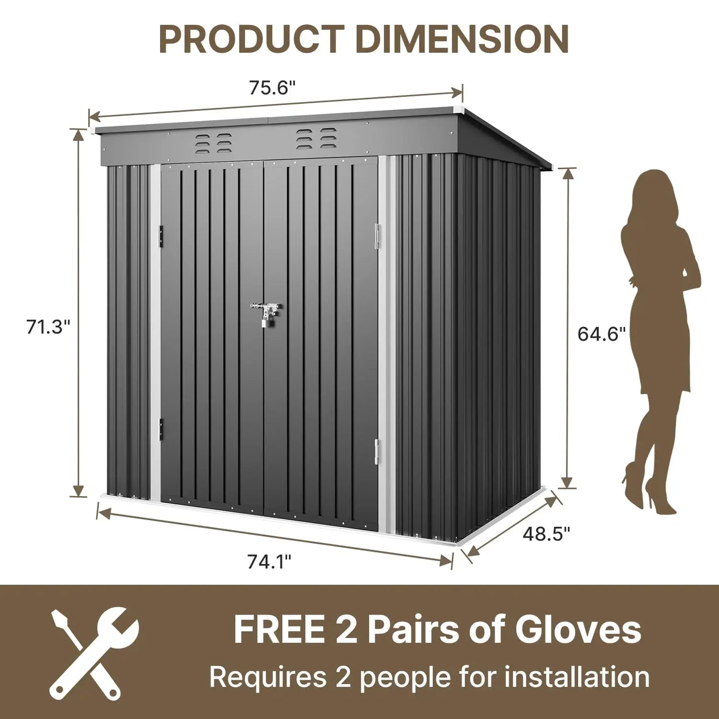 Outdoor Storage Shed Clearance, Metal Outdoor Storage Cabinet with Double Lockable Doors, Waterproof Tool, Customized