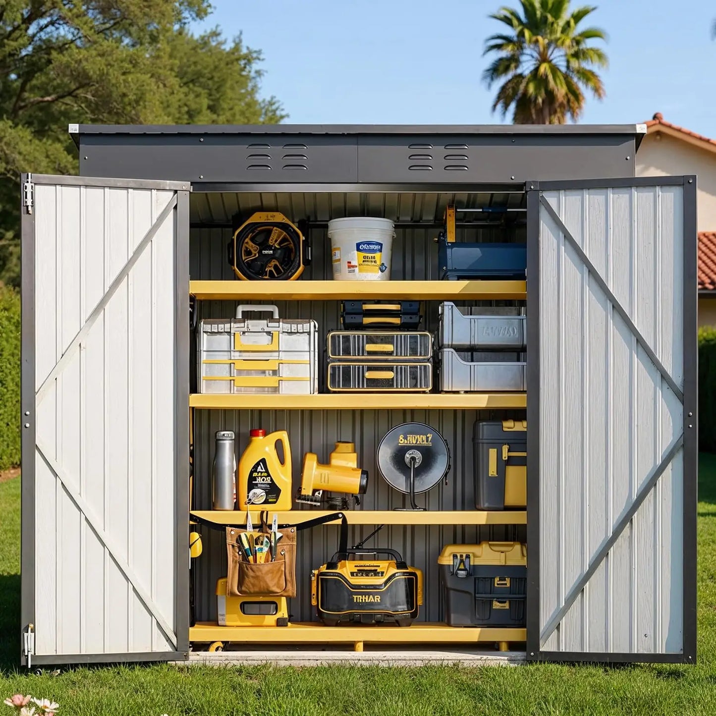 Outdoor Storage Shed Clearance, Metal Outdoor Storage Cabinet with Double Lockable Doors, Waterproof Tool, Customized