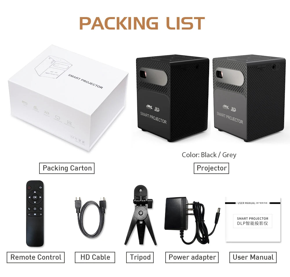 Mini Portable Projector Home Theater 4K 3D DLP Android Smart Ceiling Car Outdoor Wifi Bluetooth Mobile Battery Rechargeable LED