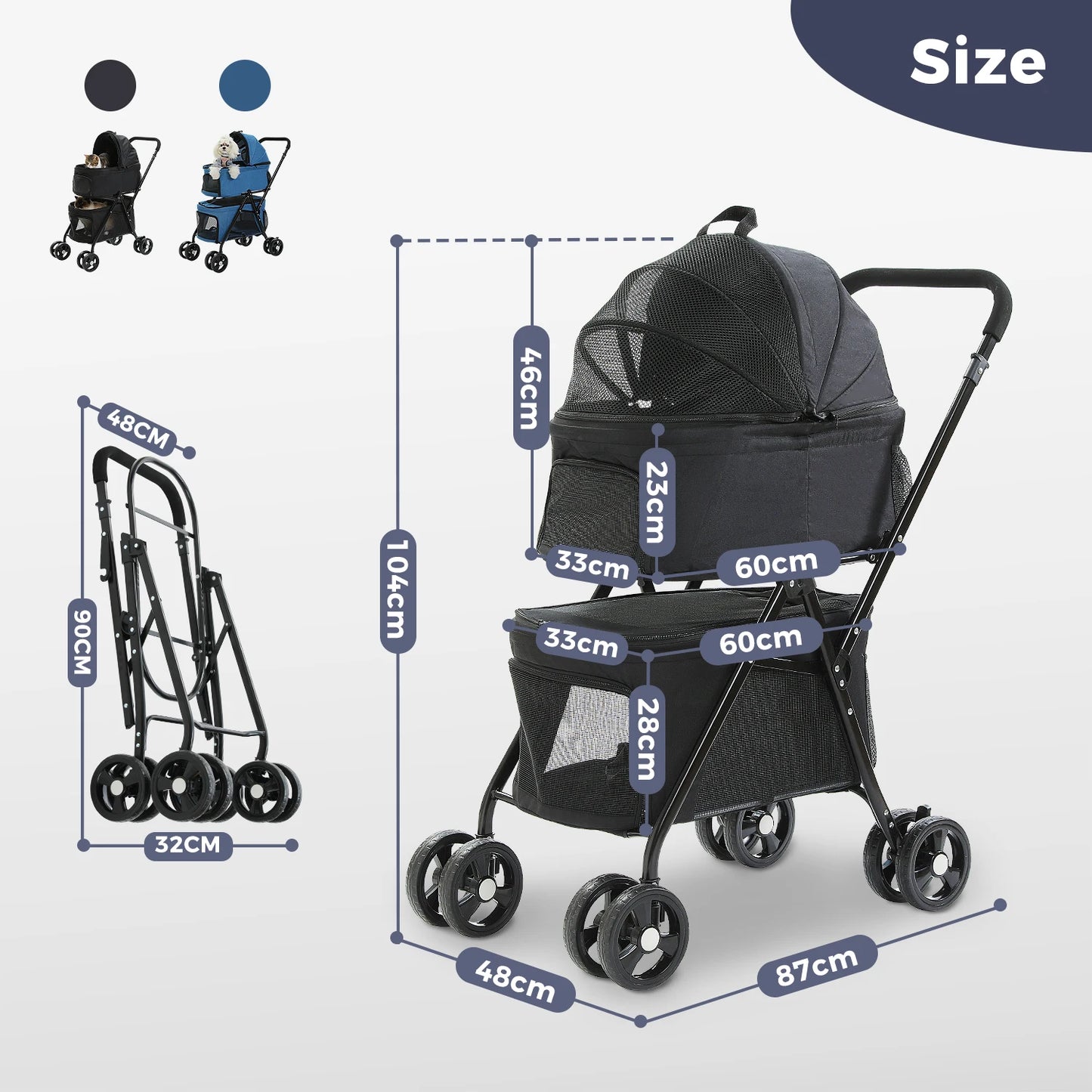 Foldable Pet Stroller 4-Wheel Dog Travel Stroller Pushchair Jogger with Storage Basket for Puppy Cat Pet Suplies Outdoor