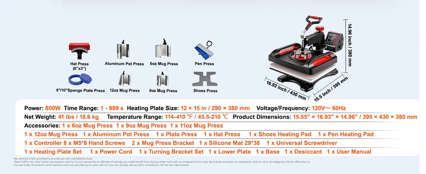 SucceBuy 12x15In Heat Press Machinine Multifunctional Clamshell Printer Digital Heat Press Transfer Machine Sublimation Machine