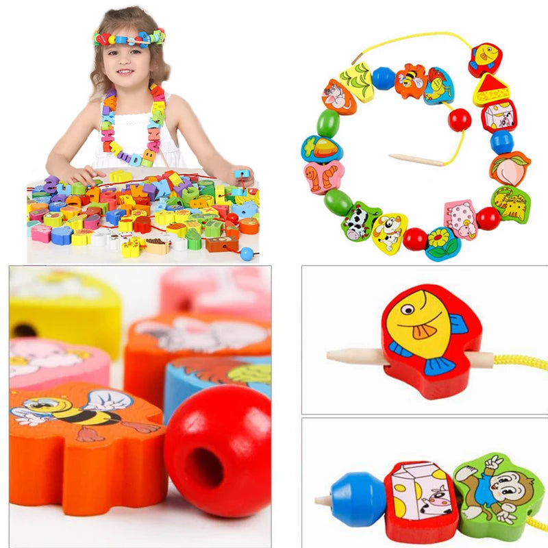 Wooden Toys Baby DIY Toy Cartoon Fruit Animal Stringing Threading Wooden beads Toy Monterssori Educational for Kids