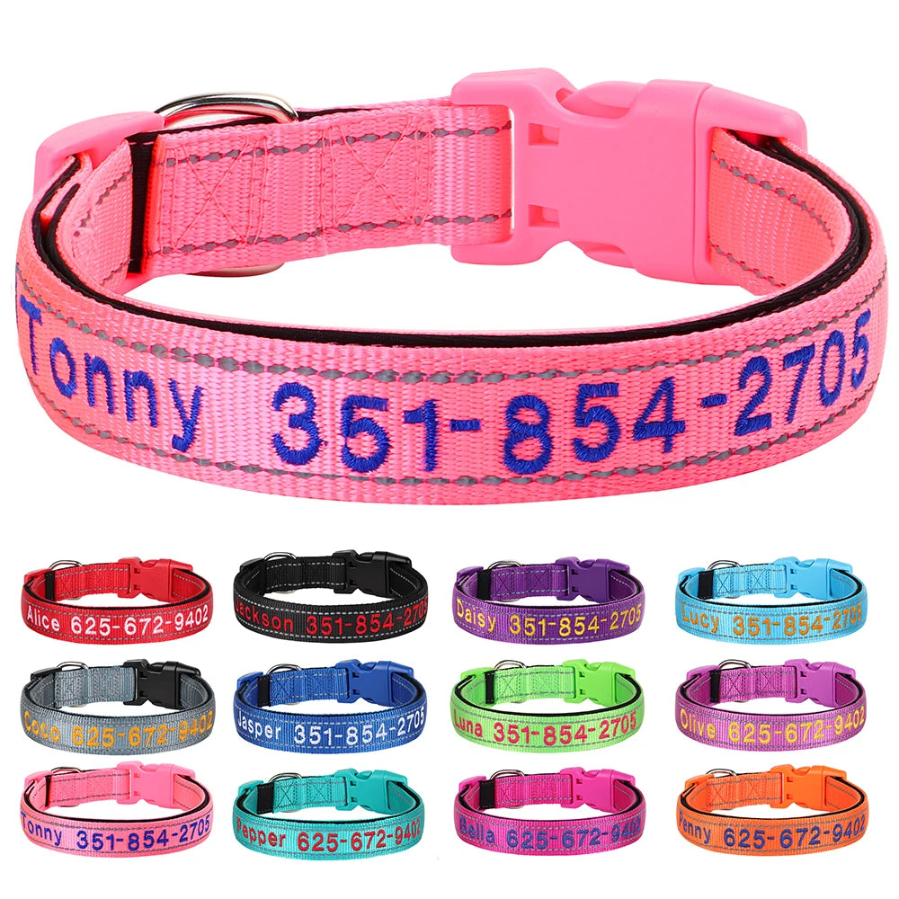 Embroidered Nylon Dog Collar Free Custom Dogs Collar Reflective Pet ID Name Phone No. For Small Medium Large Dogs Pug Adjustable