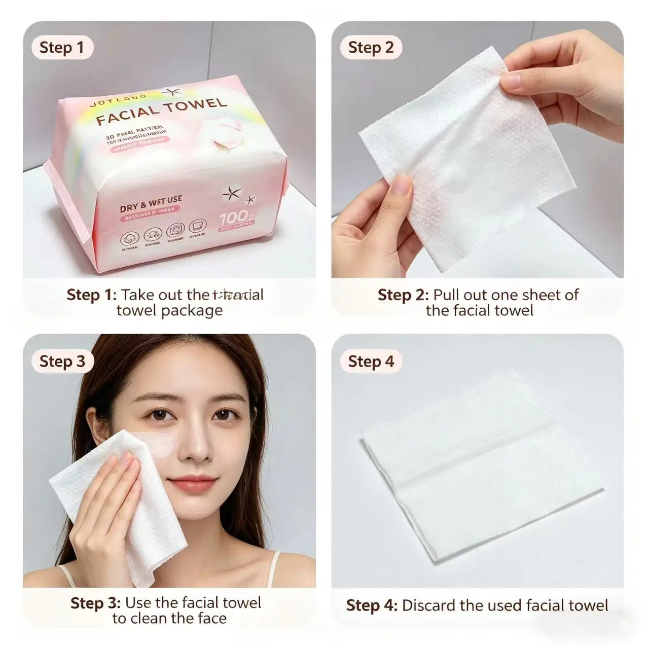 100 reusable, thick, pearl-patterned face towels. A cleaner alternative to regular towels, suitable for both dry and wet use.