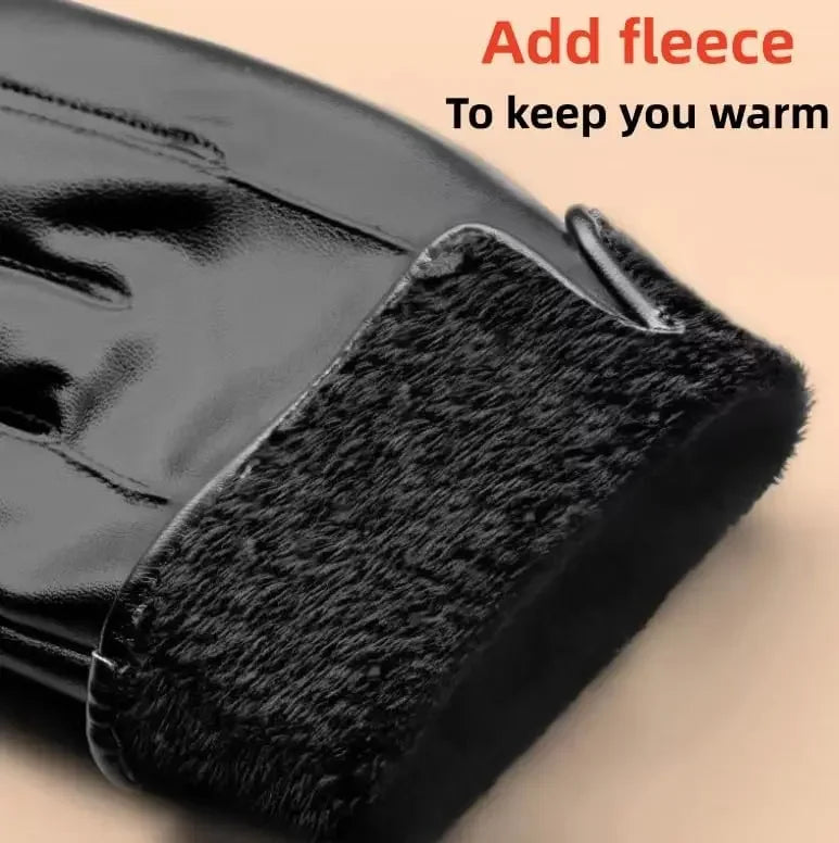Winter Gloves for Men Genuine Leather Gloves Warm Plus Velvet Touch Screen Gloves Outdoor Cycling Driving Motorcycle PU Gloves