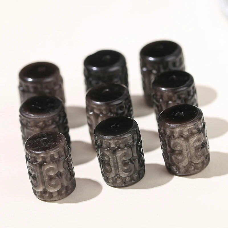 1 Pc Natural Silver Obsidian Carved Patterned Cylindrical Shape Bead For Jewelry Making Diy Necklace Bracelet Accessory Pendant