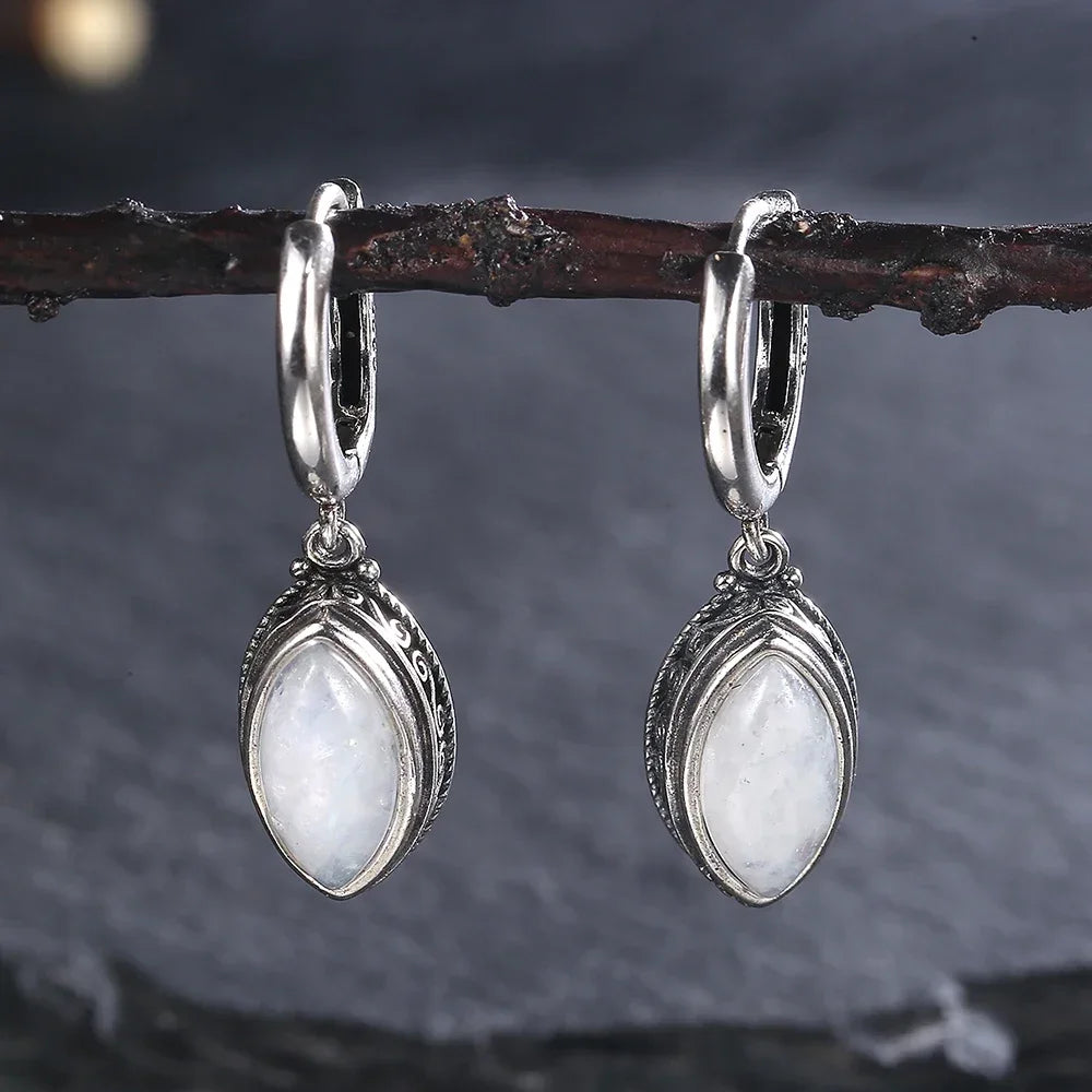 Natural Moonstone Pendant Earrings 925 Sterling Silver Jewelry for Women Fashion Retro Texture Wedding Party Accessories Gift