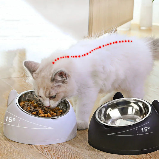 Cat Dog Bowls 15 Degrees Raised Stainless Steel Cat Bowl Safeguard Neck Puppy Pet Feeder Non-slip Crash Elevated Cat Food Bowl