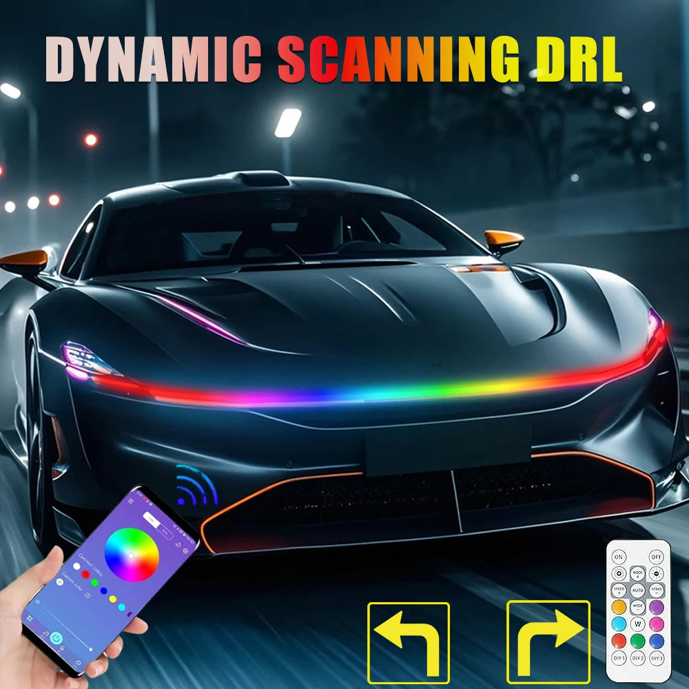 RGB Car LED Hood Lights Strip Dynamic Neon DRL Scan Start Sequential LED Daytime Running Lights with Turn Signal App Control
