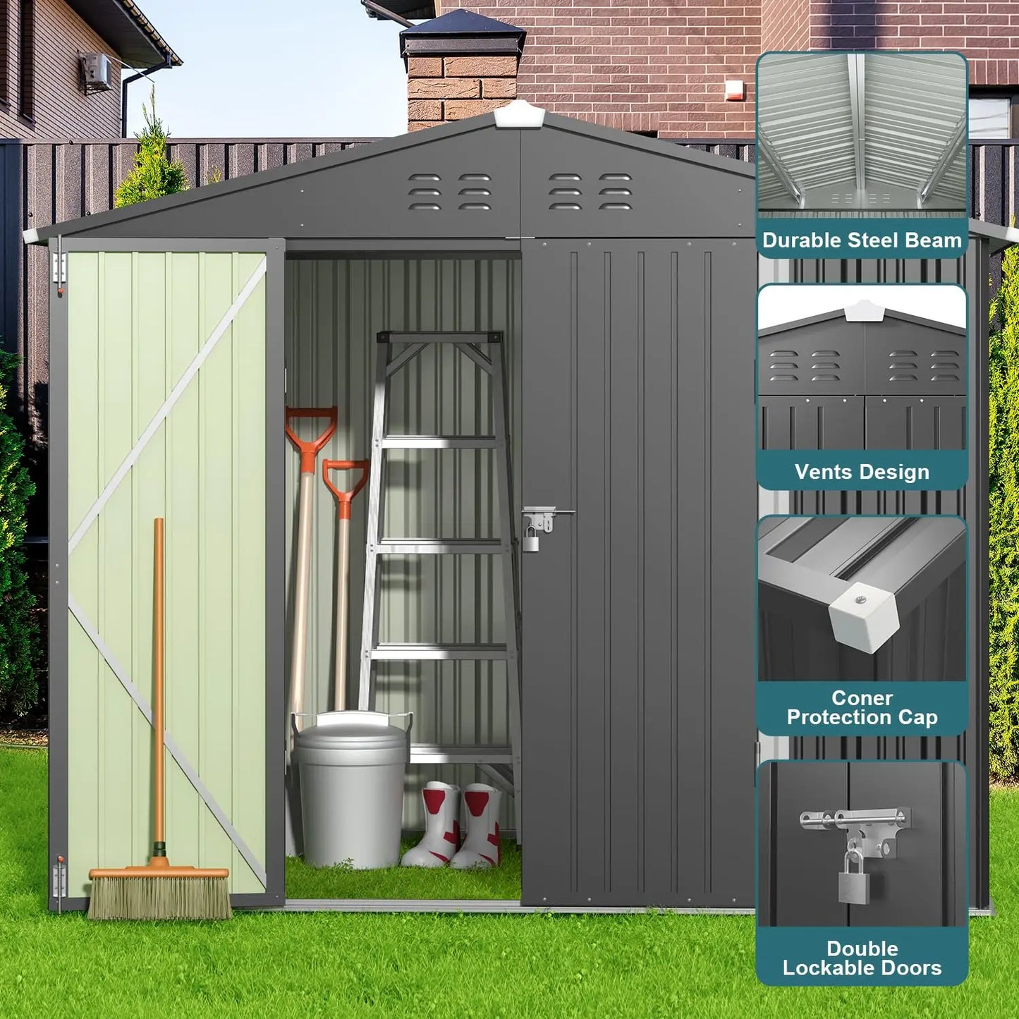 Outdoor Storage Shed 8 x 6 FT, Galvanized Metal Garden Shed with Double Lockable Doors, Outdoor Storage Clearance, Customized