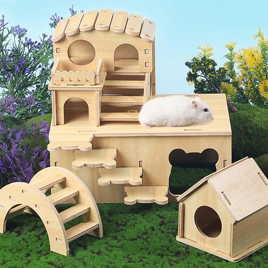 Hamster Nest Hiding House Solid Wood Small House Stair Platform Climbing Ladder Golden Bear Cage Hamster Hideout Wooden Habitat