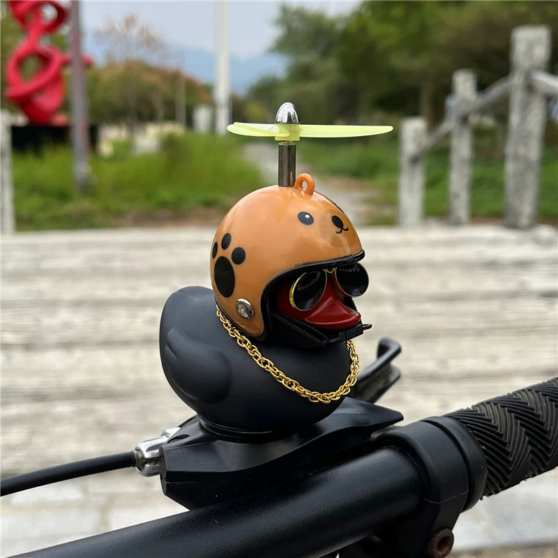 Duck Car Ornaments, Black Duck Car Dashboard Decorations Squeeze Duck Bicycle Horns with Propeller Helmet for Sport Outdoor