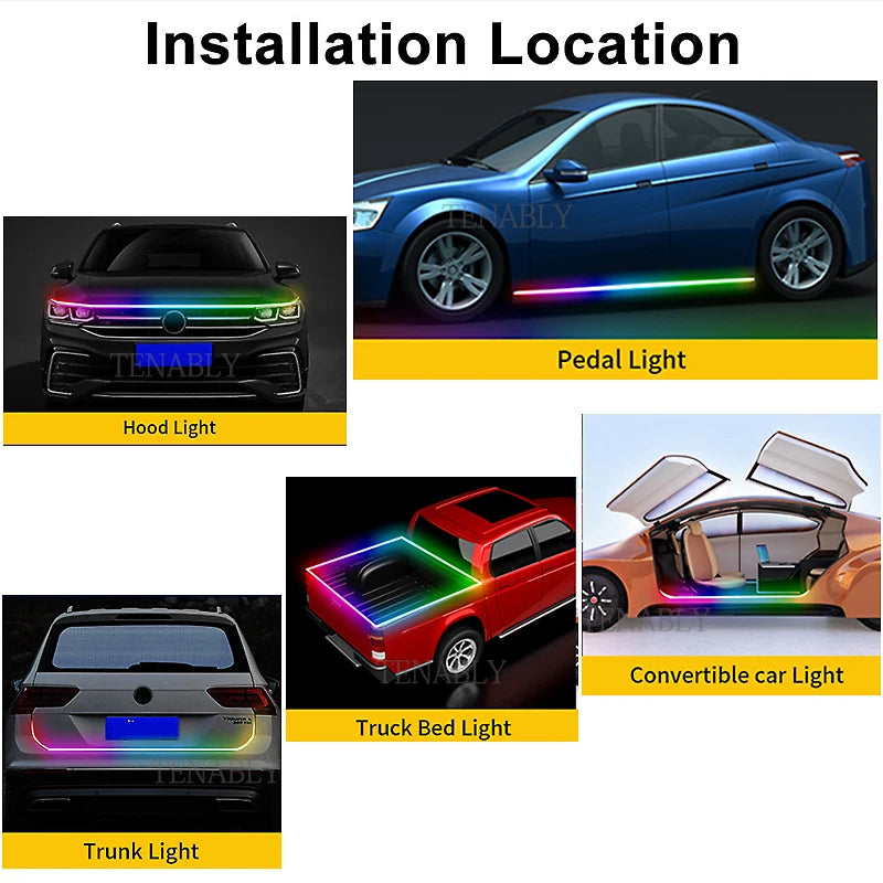 RGB Car LED Hood Lights Strip Dynamic Neon DRL Scan Start Sequential LED Daytime Running Lights with Turn Signal App Control